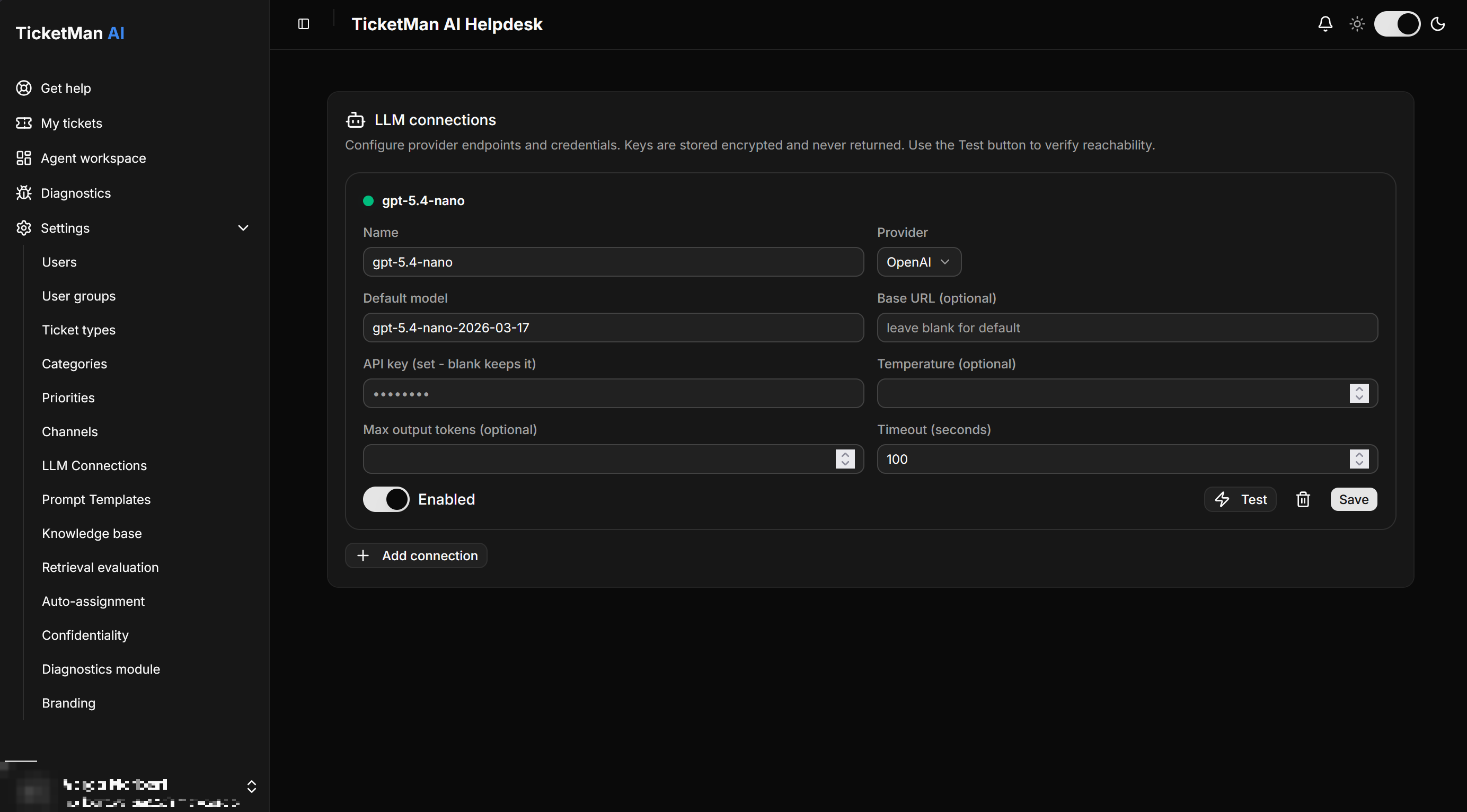 LLM connections settings